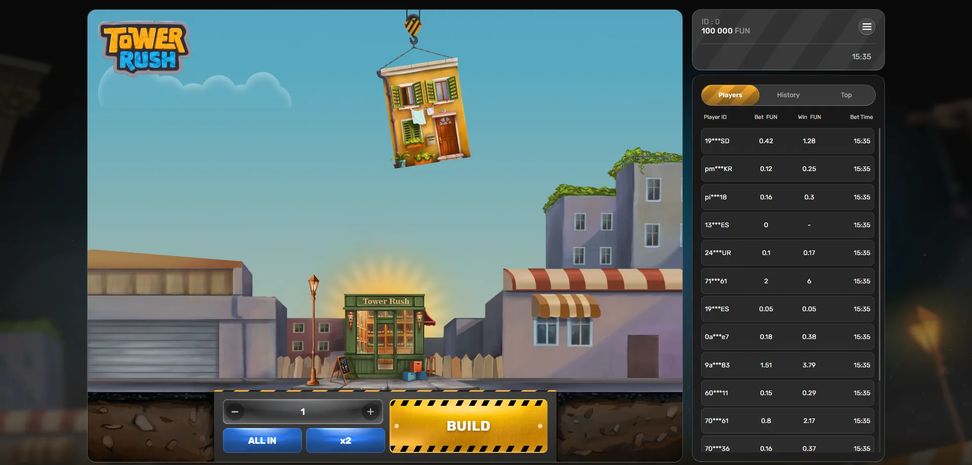 Tower Rush crash game overview — real money gameplay by Galaxsys