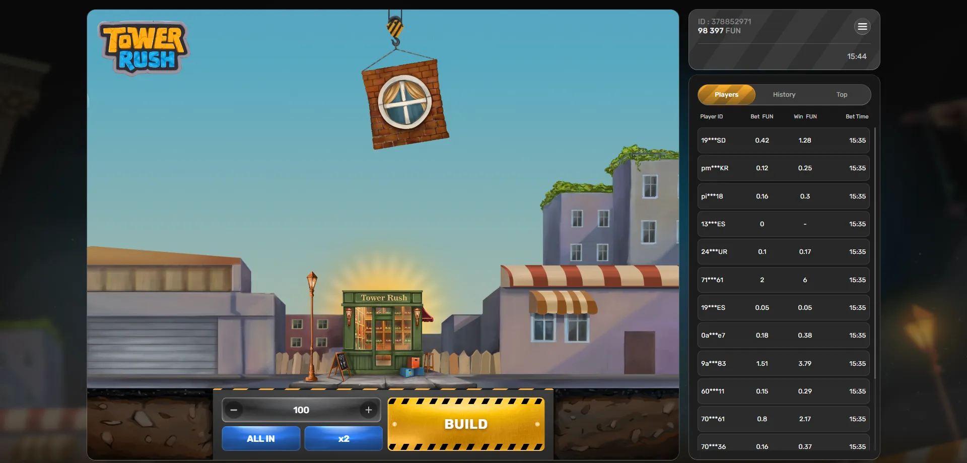 Tower Rush crash game mechanics &mdash; multiplier rising in real time